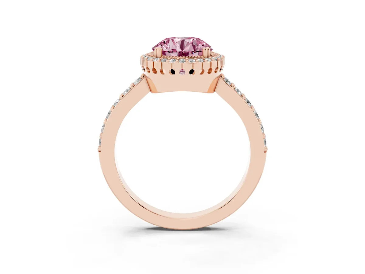 Fancy Pink Round Cut Cut Diamond Halo Engagement Ring with Milgrain Detail and Pavé Band Rose gold