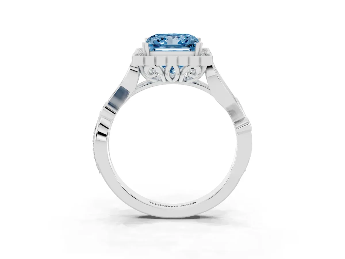 Fancy Blue Princess Cut Diamond Halo Ring with Vintage Split Shank and Four-Prong Setting Silver