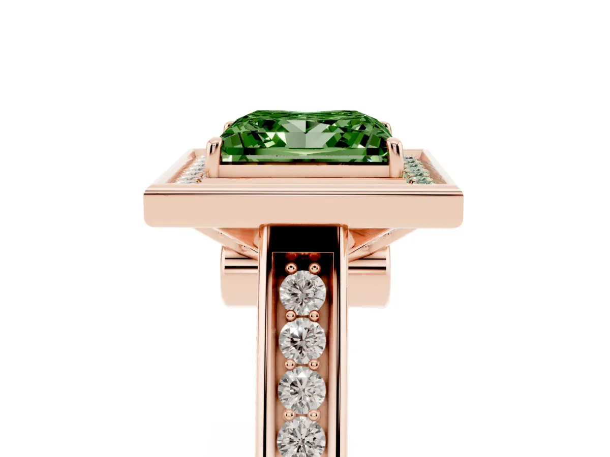 Fancy Green Princess Cut Halo Solitaire Diamond Ring with Pave Band and Bezel Setting Rose gold