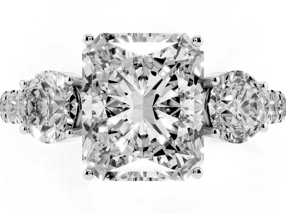 Radiant Cut Cut Diamond Three-Stone Ring with Round Side Stones and Pavé Band Silver
