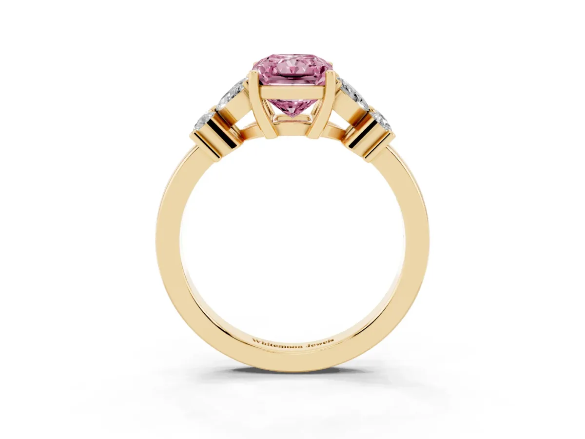 Fancy Pink Radiant Cut Diamond Floral Cluster Ring with Solitaire Band and Prong Setting Yellow gold