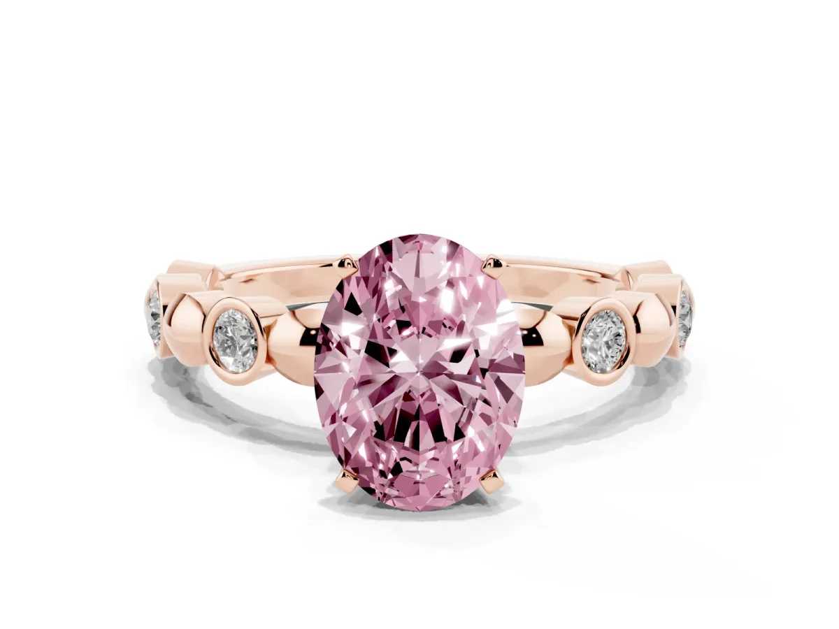 Fancy Pink Oval Cut Solitaire Bezel-Set Diamond Ring with Beaded Band and Four-Prong Setting Rose gold