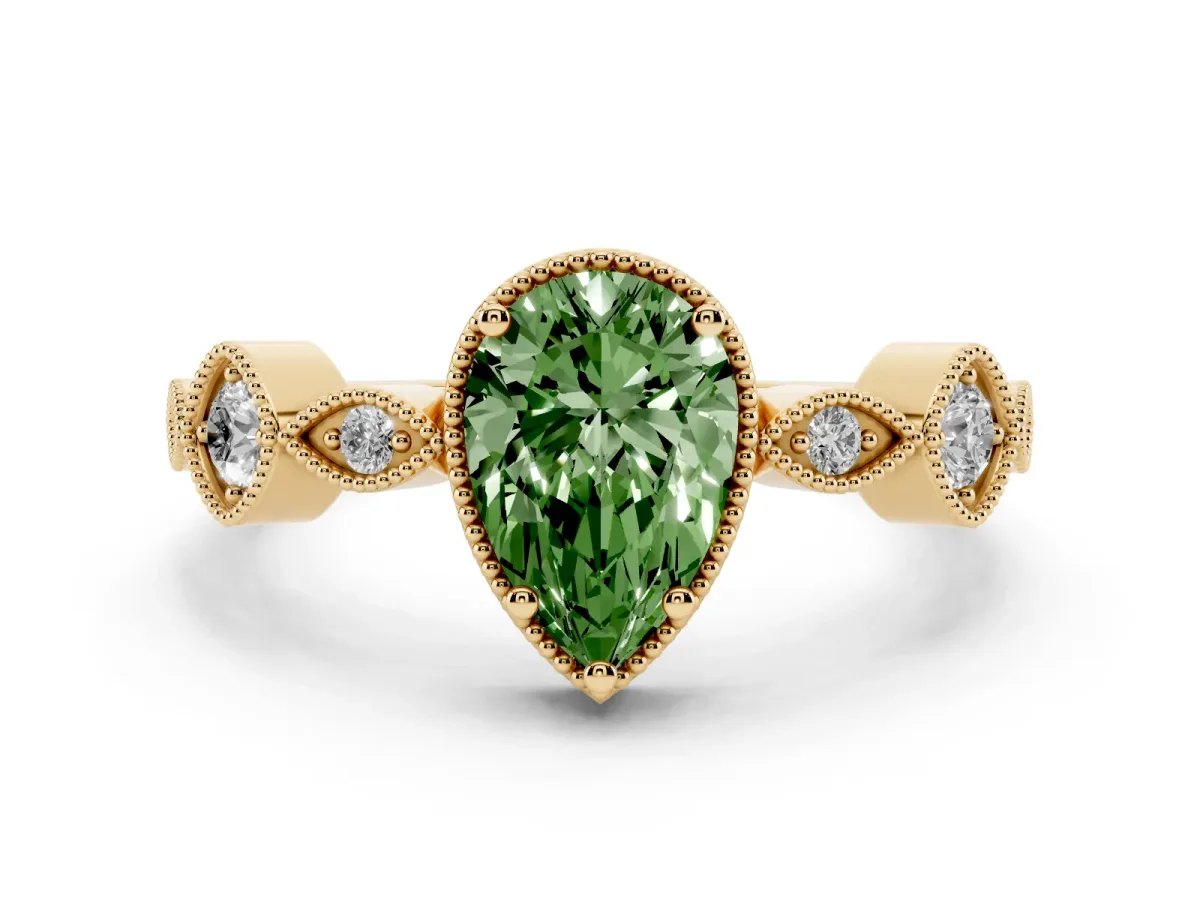 Fancy Green Pear Cut Diamond Vintage Milgrain Ring with Round Stations Yellow gold