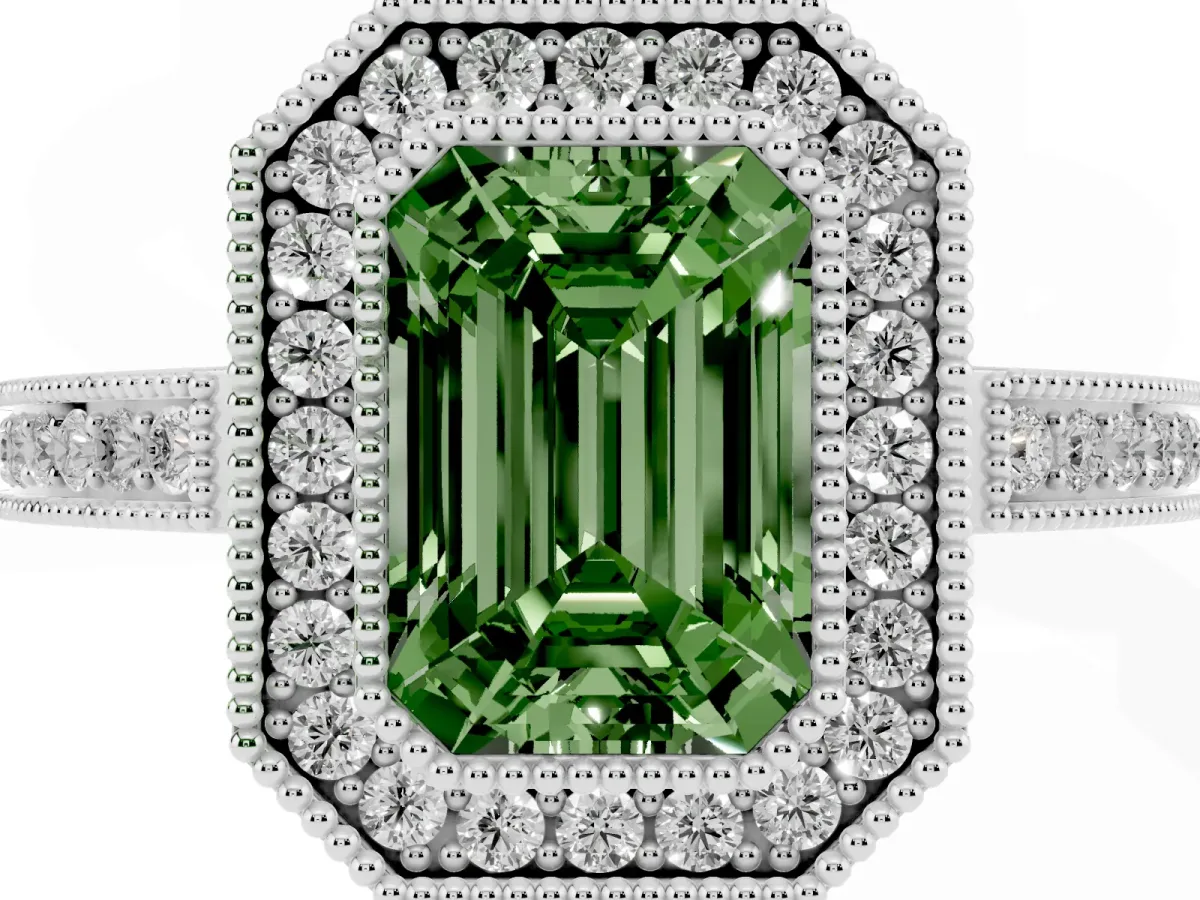 Fancy Green Emerald Cut Cut Halo Diamond Ring with Pavé Band and Milgrain Prong Setting White gold