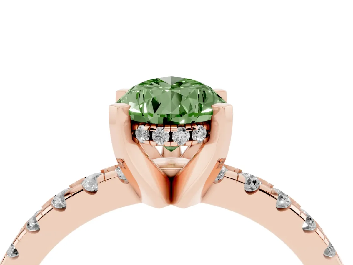 Fancy Green Pear Cut Diamond Solitaire Ring with Round Pavé Band and Four-Prong Setting Rose gold