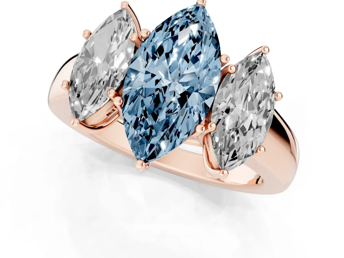 Fancy Blue Three-Stone Marquise Cut Cut Diamond Ring with Prong Setting and Classic Band Rose gold