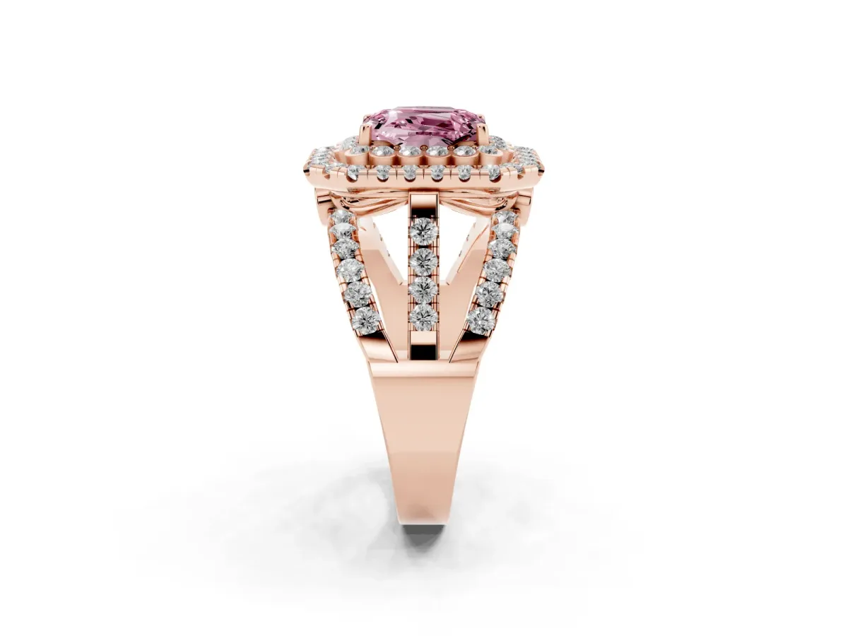 Fancy Pink Emerald Cut Diamond Double Halo Ring with Round Pavé Split Shank and Prong Setting Rose gold