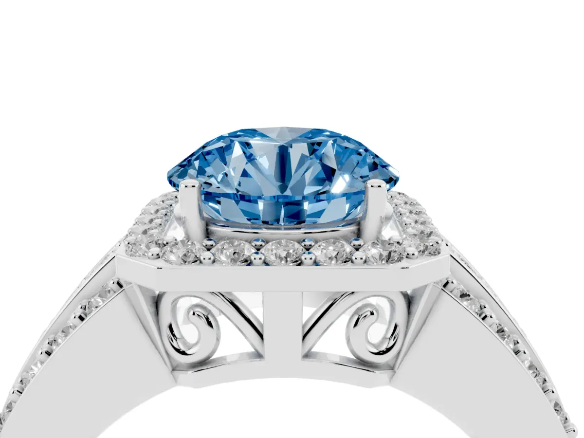 Fancy Blue Round Cut Halo Diamond Ring with Round Split Shank and Prong Setting Platinum