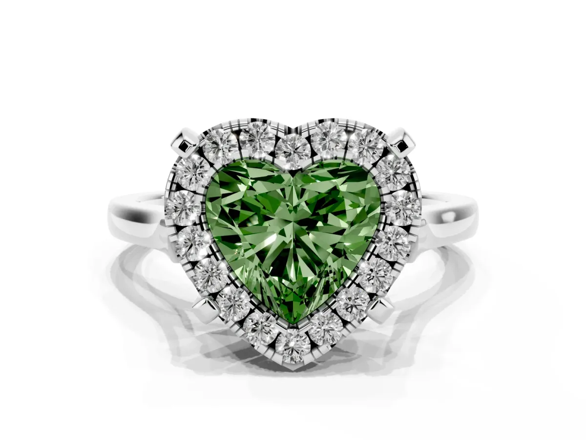 Fancy Green Heart Cut Diamond Cluster Halo Solitaire with Four-Prong Setting Silver
