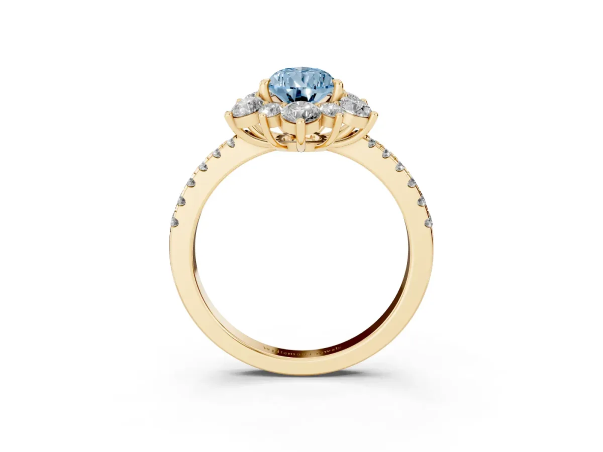 Fancy Blue Pear Cut Diamond Floral Halo Ring with Round Pavé Band and Prong Setting Yellow gold