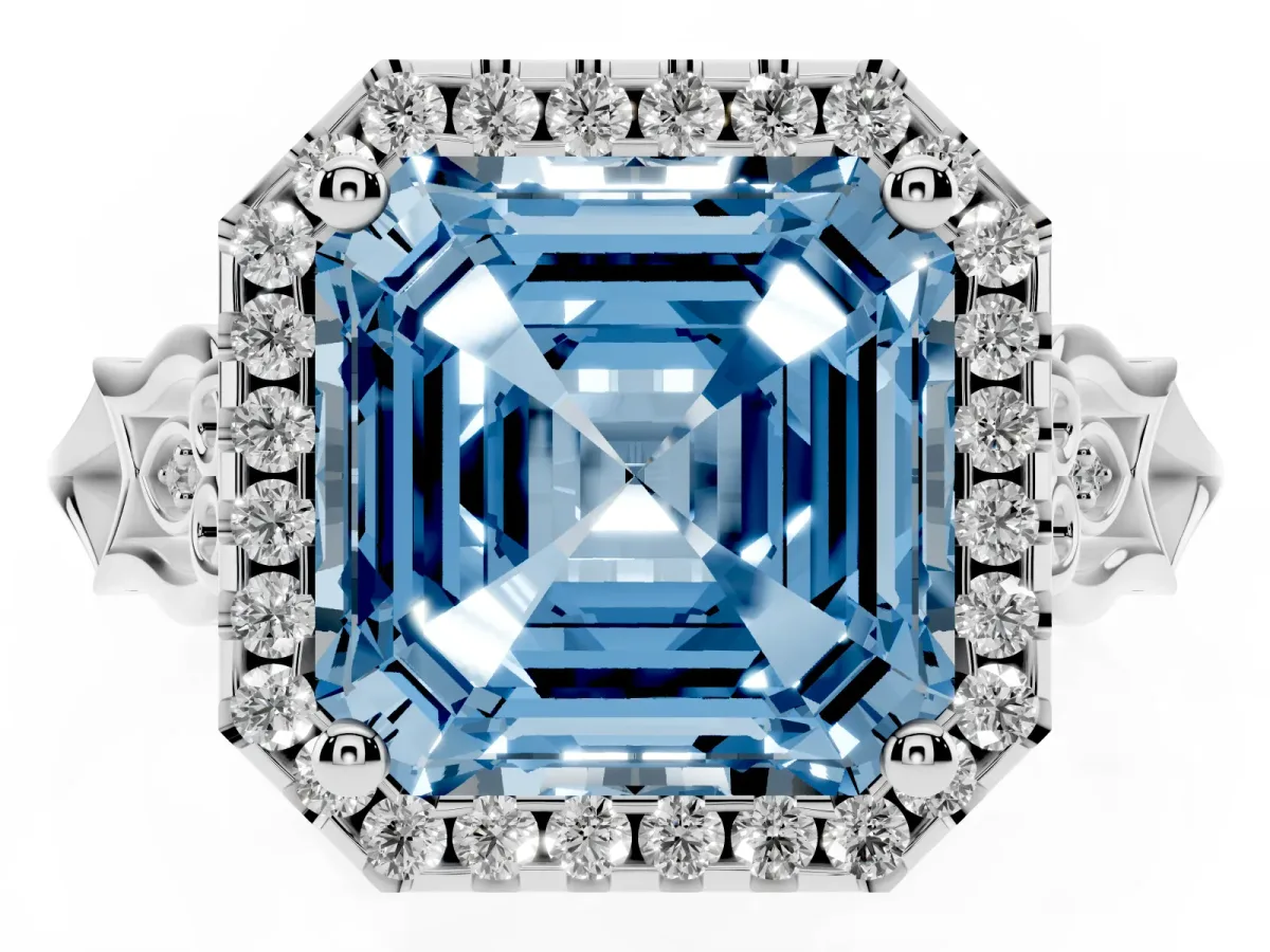 Fancy Blue Asscher Cut Halo Diamond Engagement Ring with Filigree Band and Four-Prong Setting Silver
