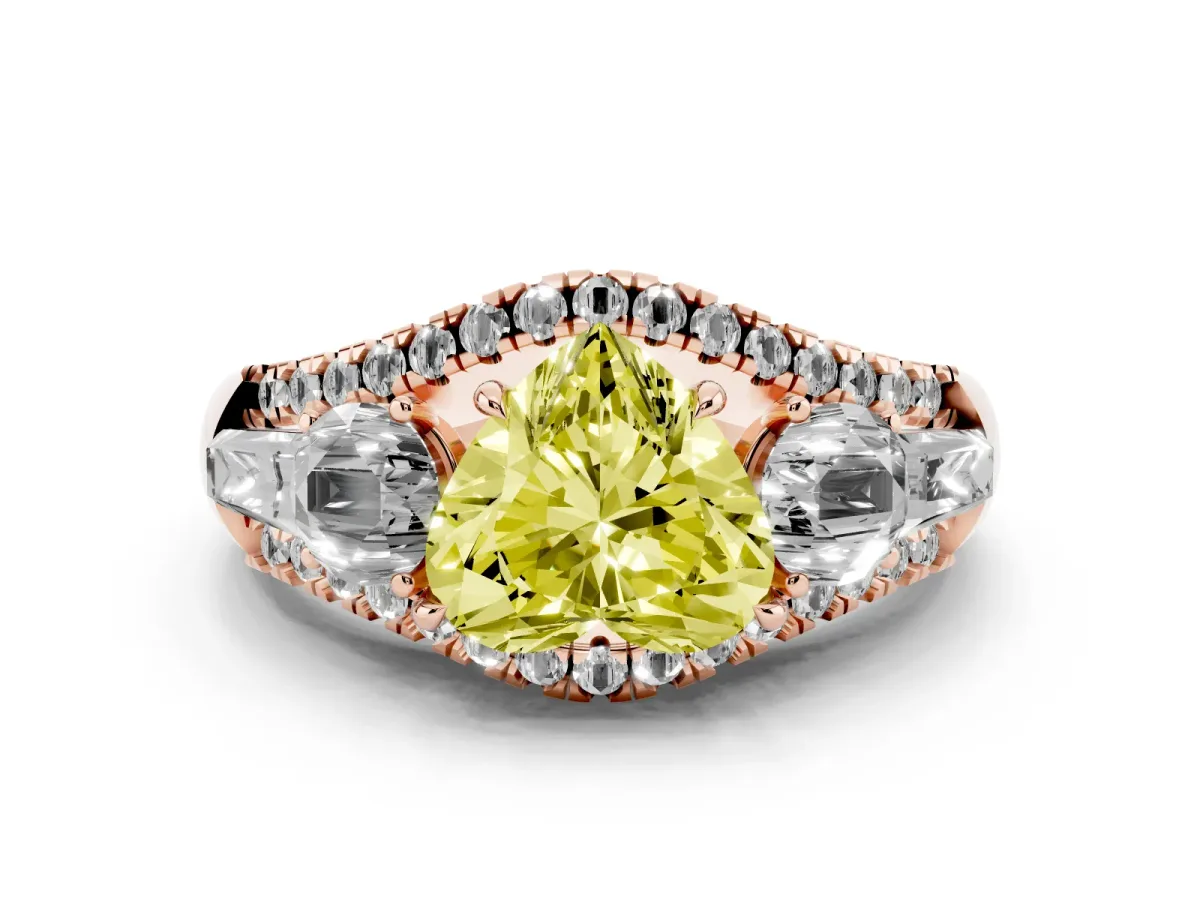 Fancy Yellow Three-Stone Heart Cut Diamond Engagement Ring with Pave Band and Prong Setting Rose gold