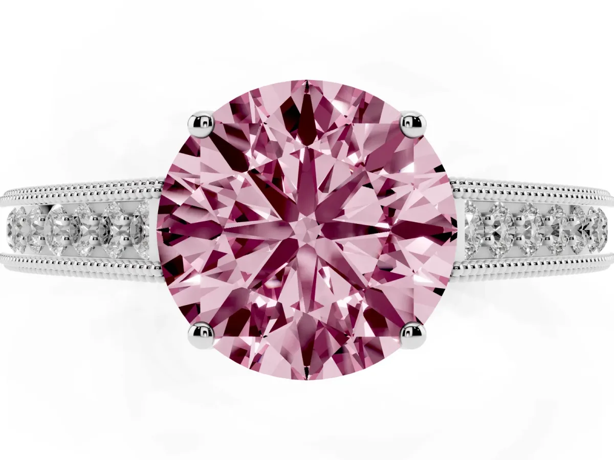 Fancy Pink Round Cut Cut Pave Band Milgrain Solitaire Ring Silver