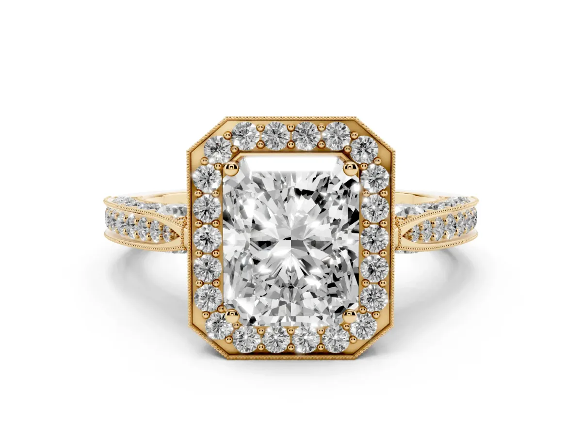 Radiant Cut Halo Diamond Engagement Ring with Split Shank Band and Four-Prong Setting Yellow gold