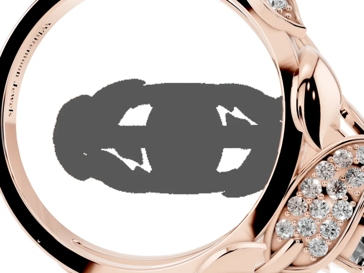 Fancy Black Oval Cut Diamond Leaf-Inspired Engagement Ring with Round Accents and Prong Setting Rose gold