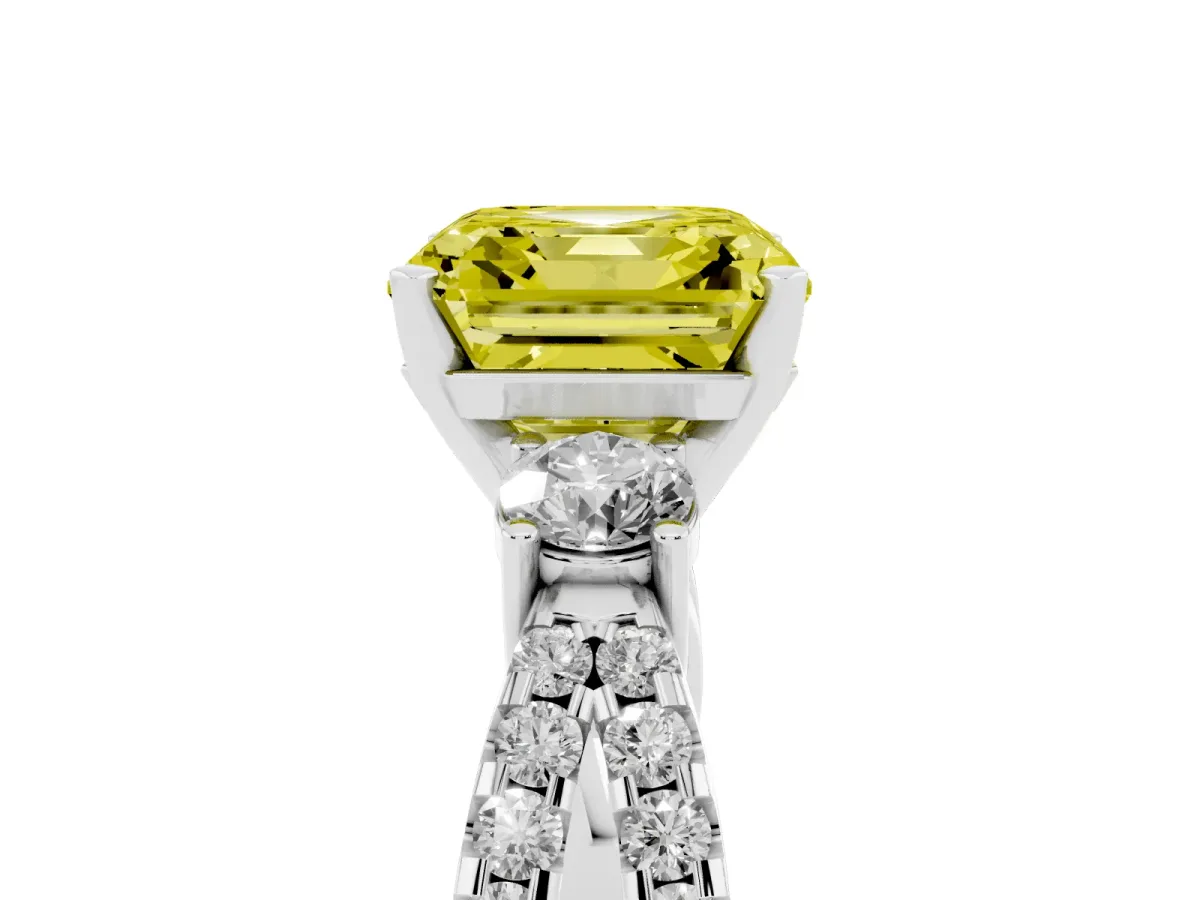 Fancy Yellow Asscher Cut Diamond Three-Stone Ring with Pavé Split Shank and Four-Prong Setting Silver