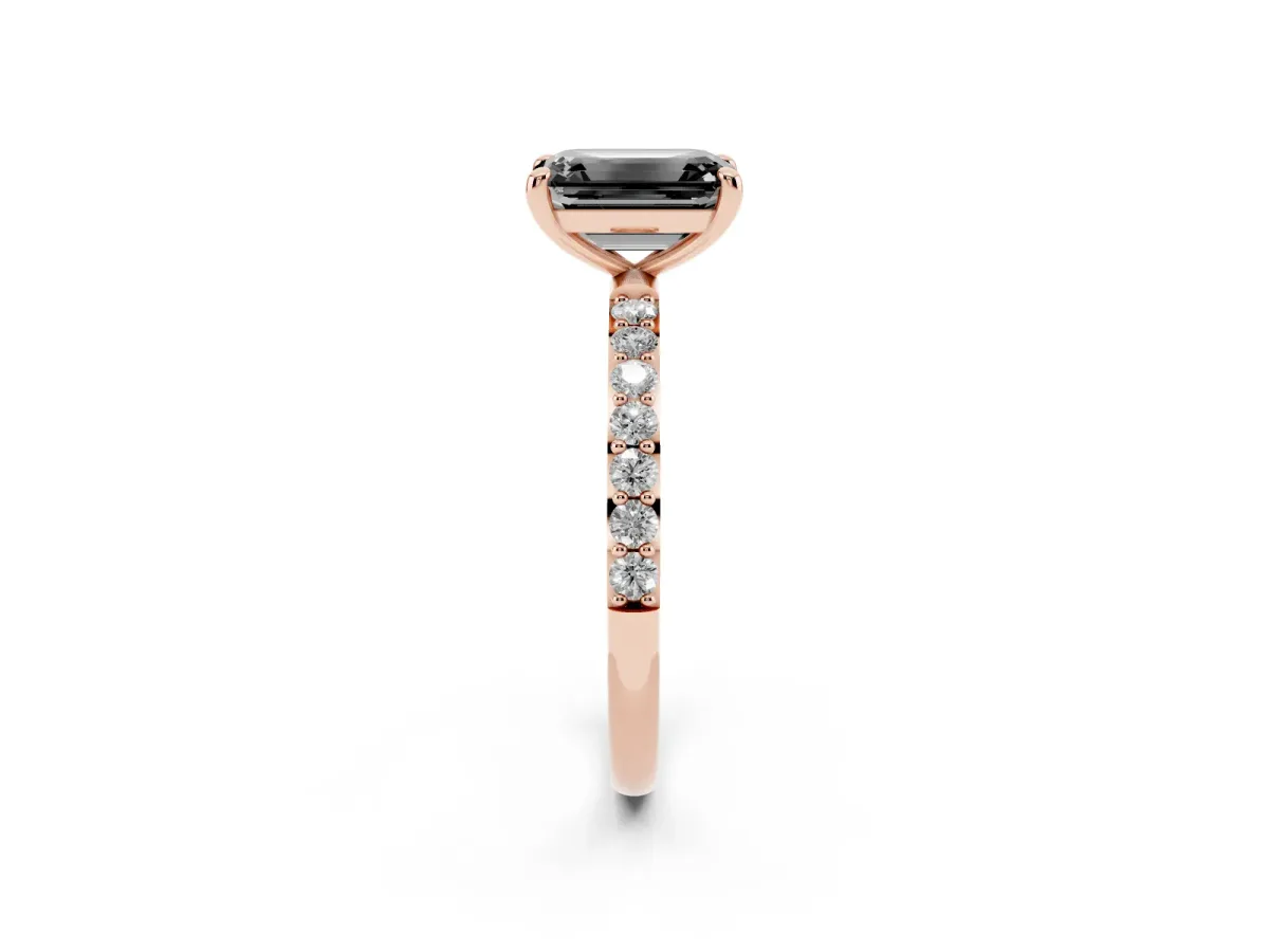 Fancy Black Emerald Cut Diamond Solitaire Ring with Round Pavé Band and Prong Setting Rose gold