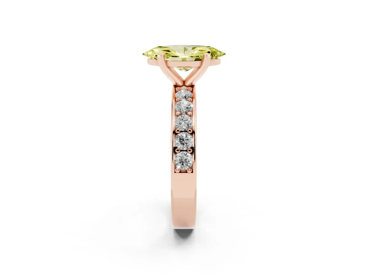 Fancy Yellow Marquise Cut Diamond Engagement Ring with Channel Set Round Band and Prong Setting Rose gold