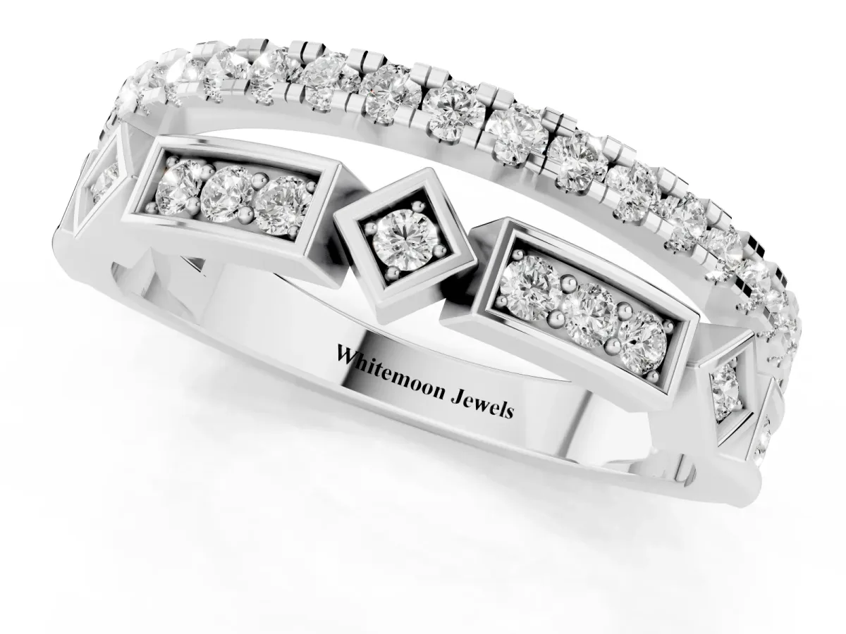 Pavé Round Diamond Channel Set Dual Band with Prong Setting Platinum