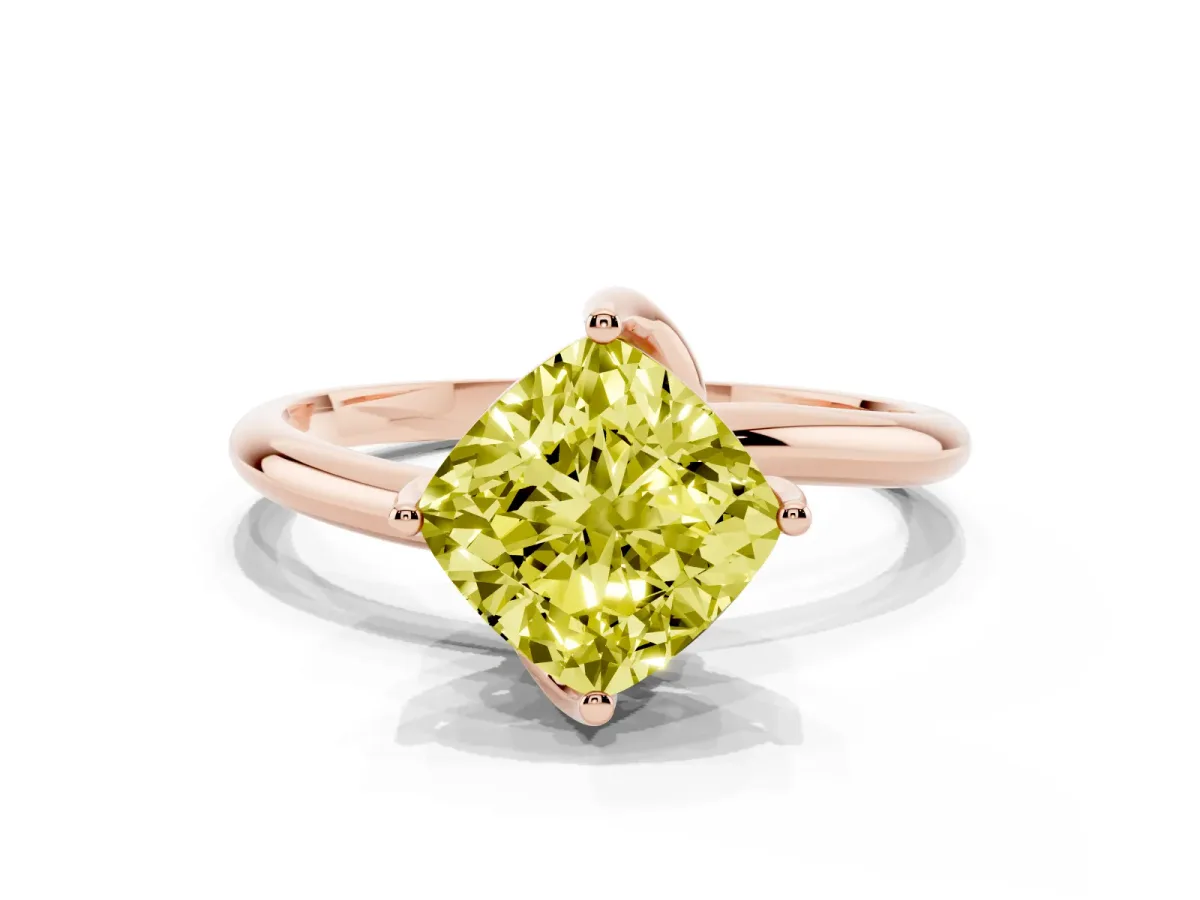 Fancy Yellow Cushion Cut Diamond Solitaire Engagement Ring with Four-Prong Setting and Classic Band Rose gold