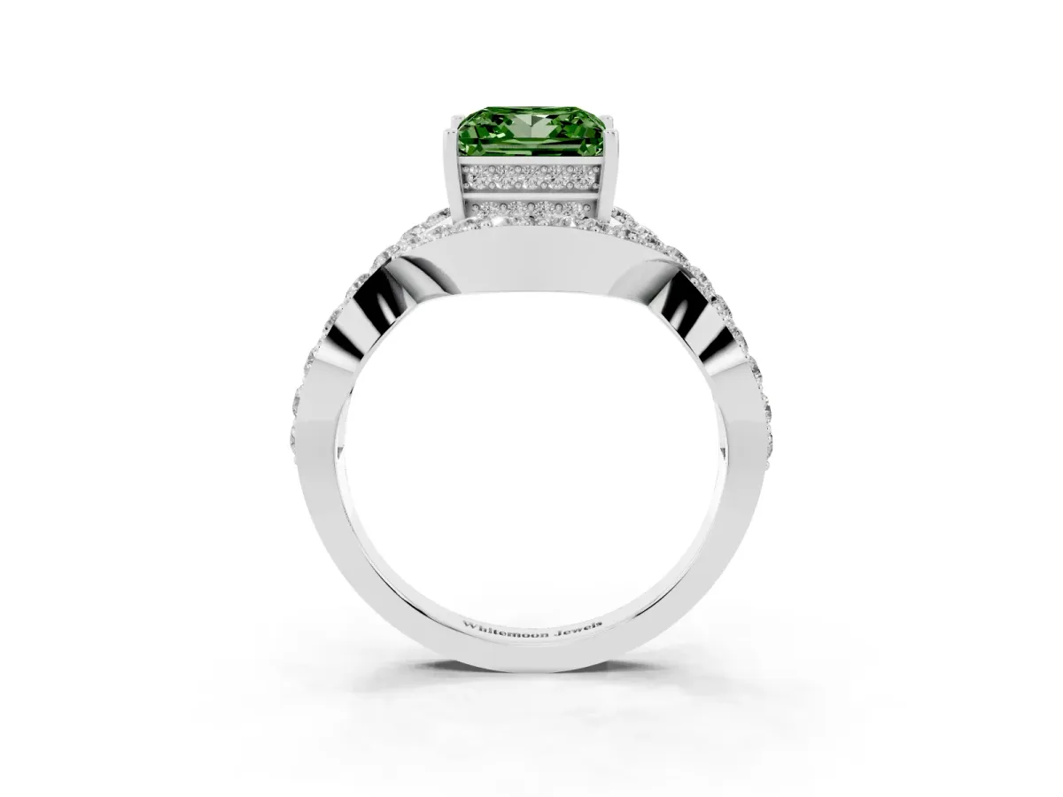 Fancy Green Princess Cut Solitaire Twist Band Pavé Diamond Engagement Ring Silver