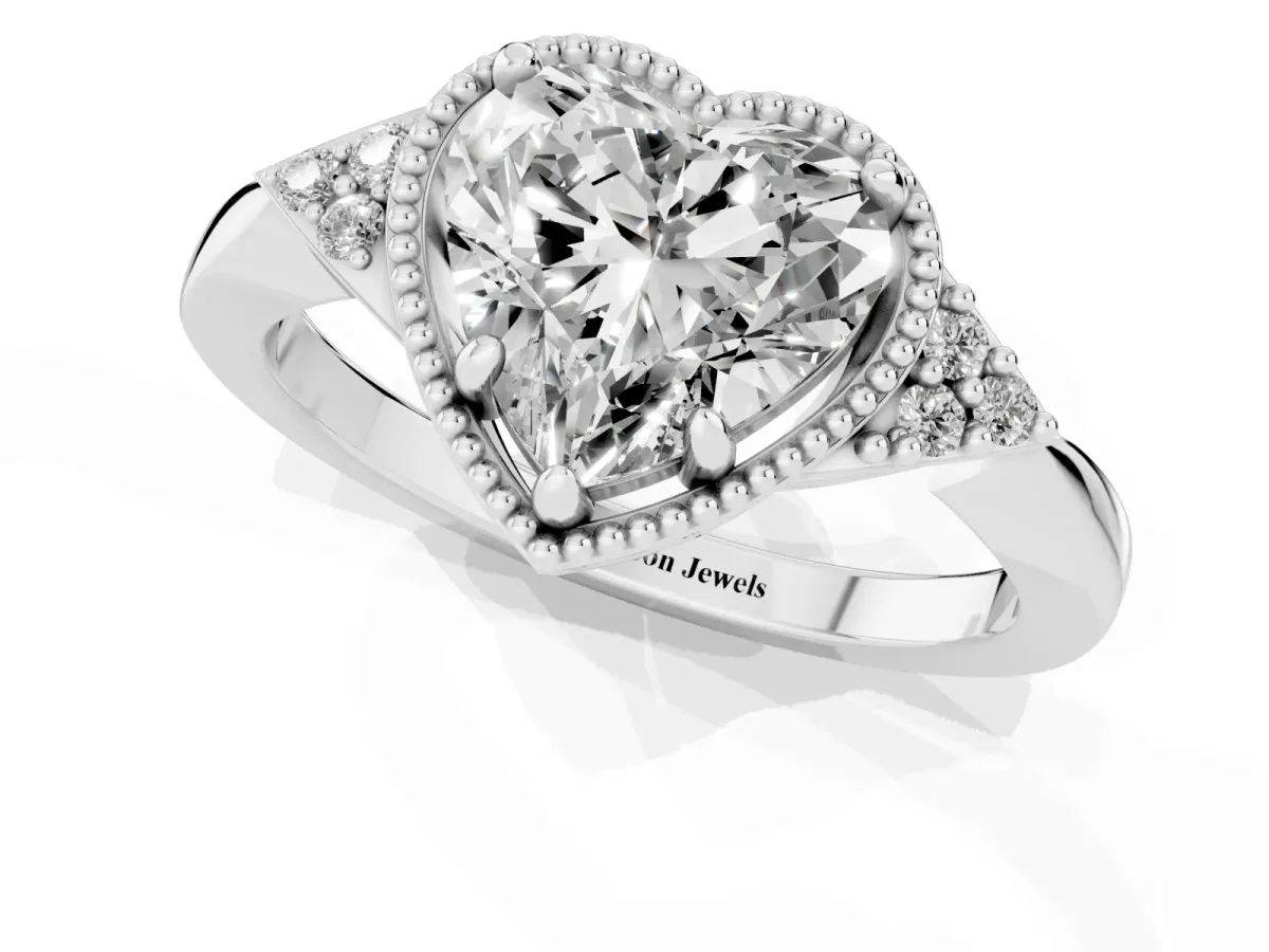 Milgrain Heart Cut Cut Diamond Ring with Tapered Pave Band and Four Prong Setting White gold