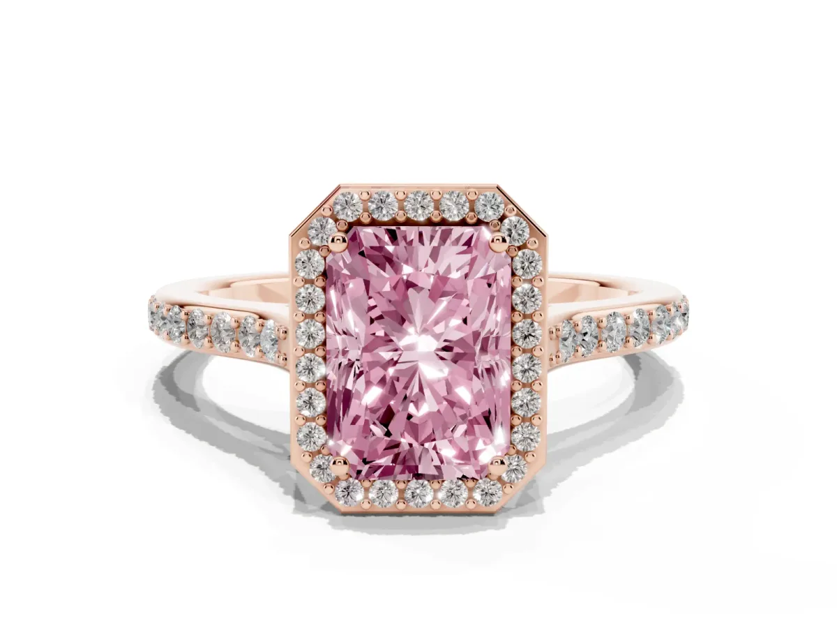 Fancy Pink Radiant Cut Diamond Halo Engagement Ring with Round Pavé Shoulders and Prong Setting Rose gold