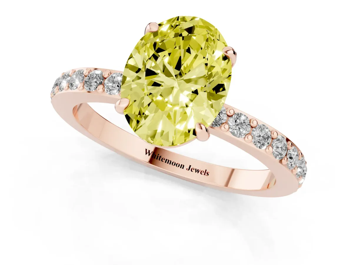 Fancy Yellow Oval Cut Diamond Pavé Engagement Ring with Round Accents and Prong Setting Rose gold
