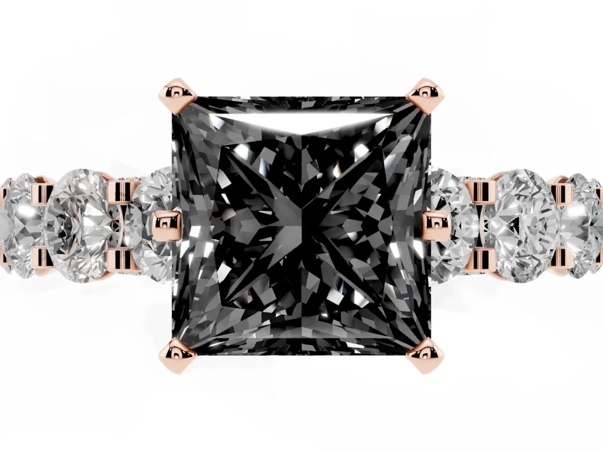 Fancy Black Princess Cut Diamond Side Stone Engagement Ring with Four-Prong Setting Rose gold