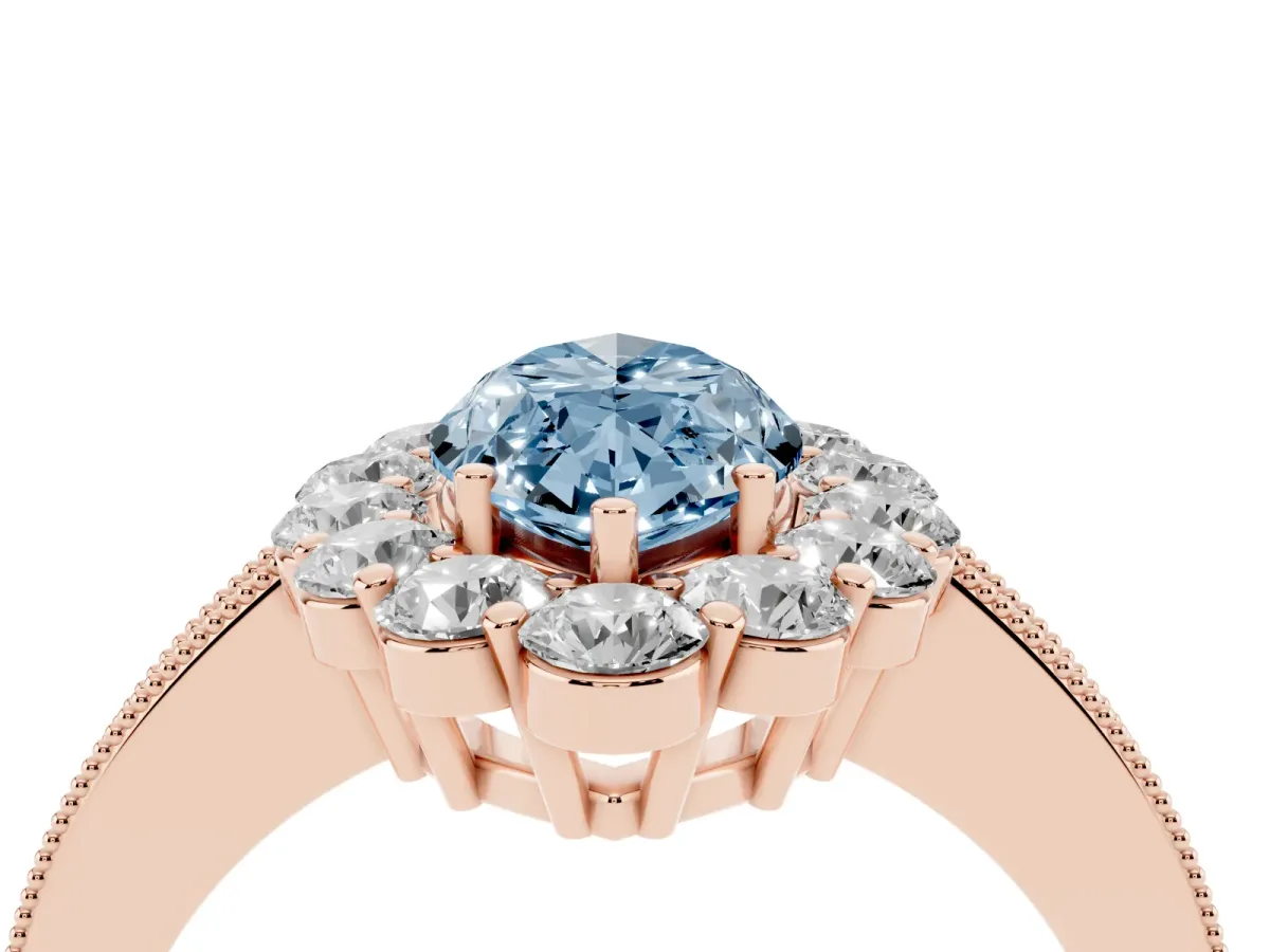 Fancy Blue Marquise Cut Cut Halo Diamond Pavé Engagement Ring with Milgrain Detailing Rose gold