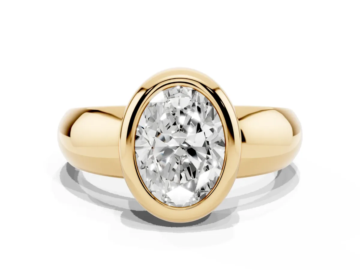 Bezel Set Oval Cut Solitaire Ring with Wide Band Yellow gold