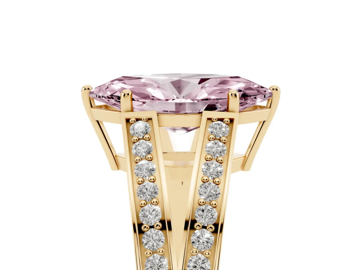 Fancy Pink Marquise Cut Diamond Split Shank Ring with Pavé Band and Four-Prong Setting Yellow gold