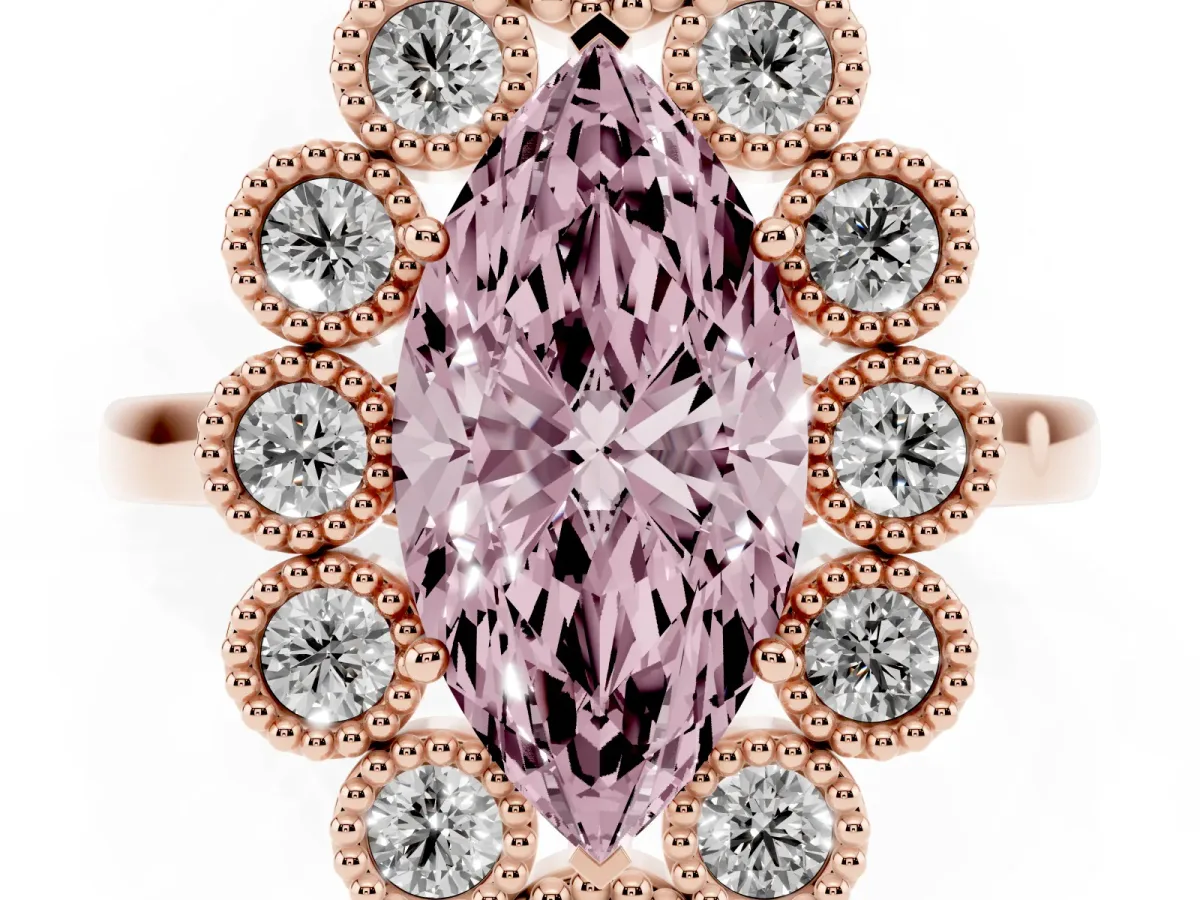 Fancy Pink Marquise Cut Halo Diamond Cluster Engagement Ring with Milgrain Bezel Setting and Solitaire Band Rose gold
