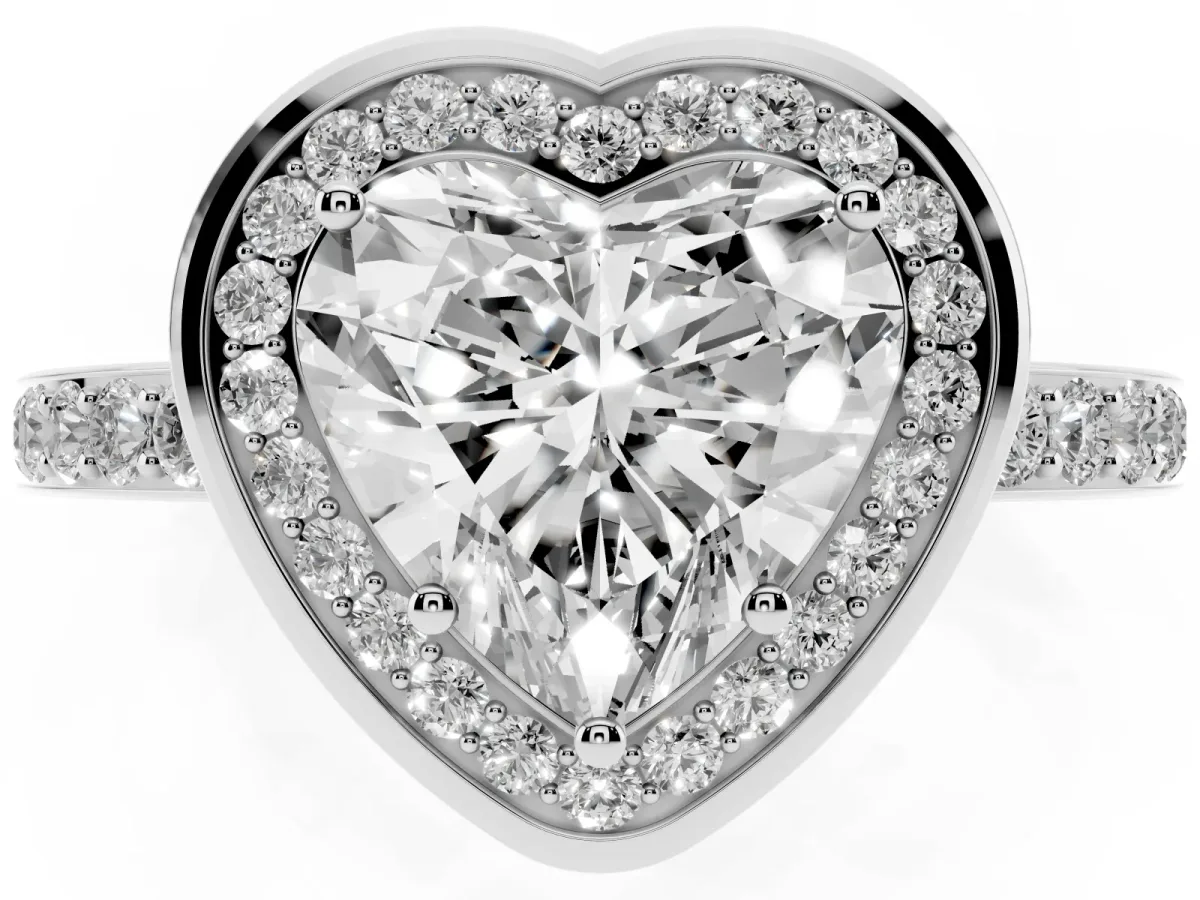 Heart Cut Diamond Halo Ring with Bezel Frame and Pavé Band Silver