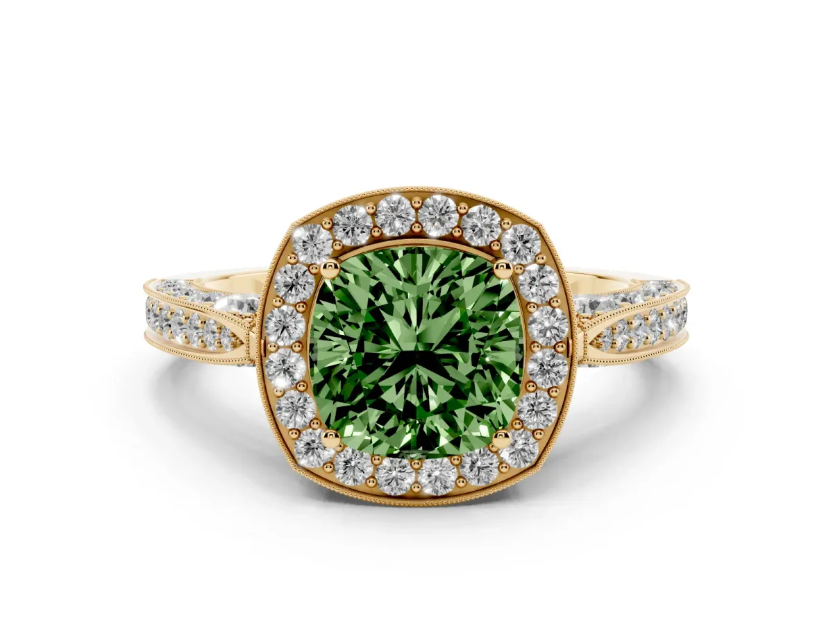 Fancy Green Cushion Cut Halo Diamond Engagement Ring with Split Shank Band and Four-Prong Setting Yellow gold