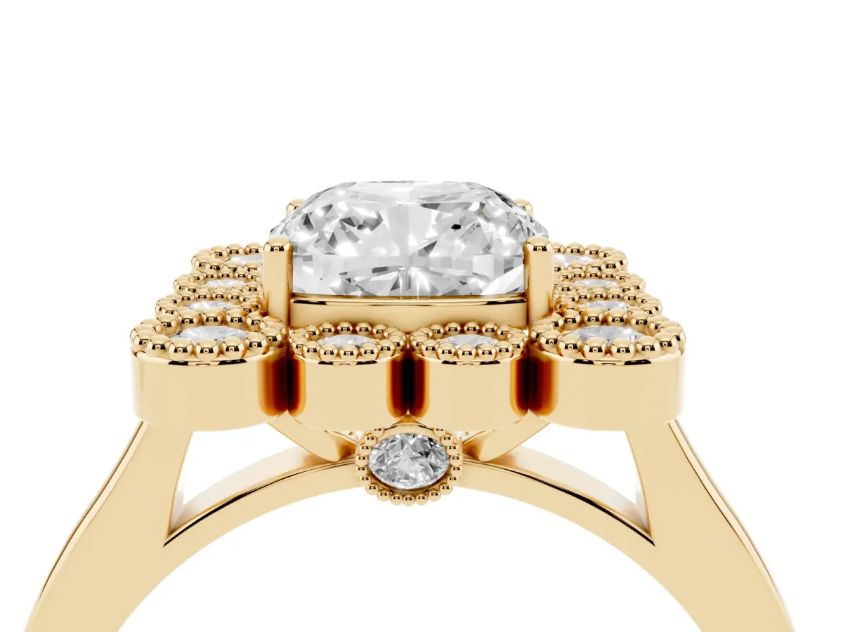 Cushion Cut Halo Diamond Cluster Engagement Ring with Milgrain Bezel Setting and Solitaire Band Yellow gold
