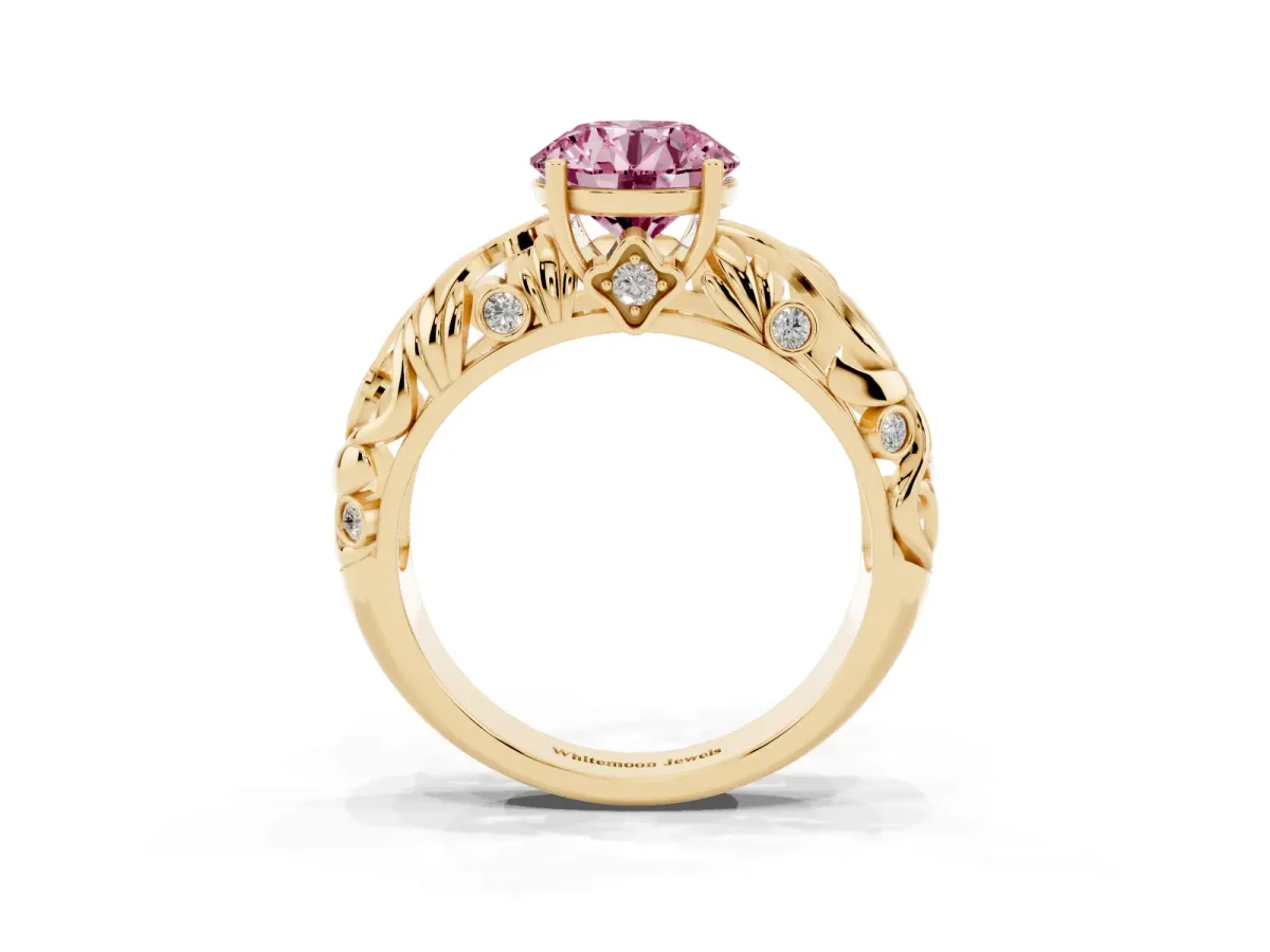 Fancy Pink Round Cut Solitaire Diamond Leaf-Inspired Vine Band Ring with Prong Setting Yellow gold
