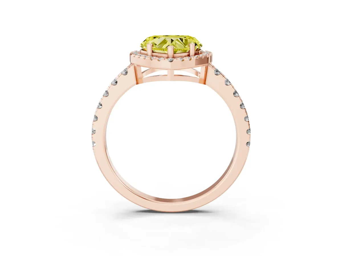 Fancy Yellow Heart Cut Diamond Halo Ring with Pavé Band and Four-Prong Setting Rose gold