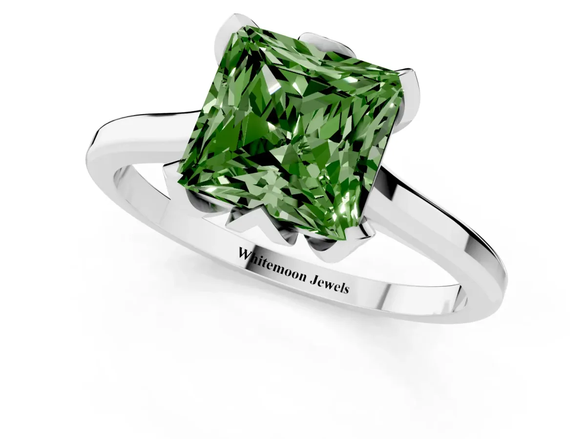 Fancy Green Princess Cut Diamond Solitaire Ring with Flower Prong Setting and Classic Band Platinum
