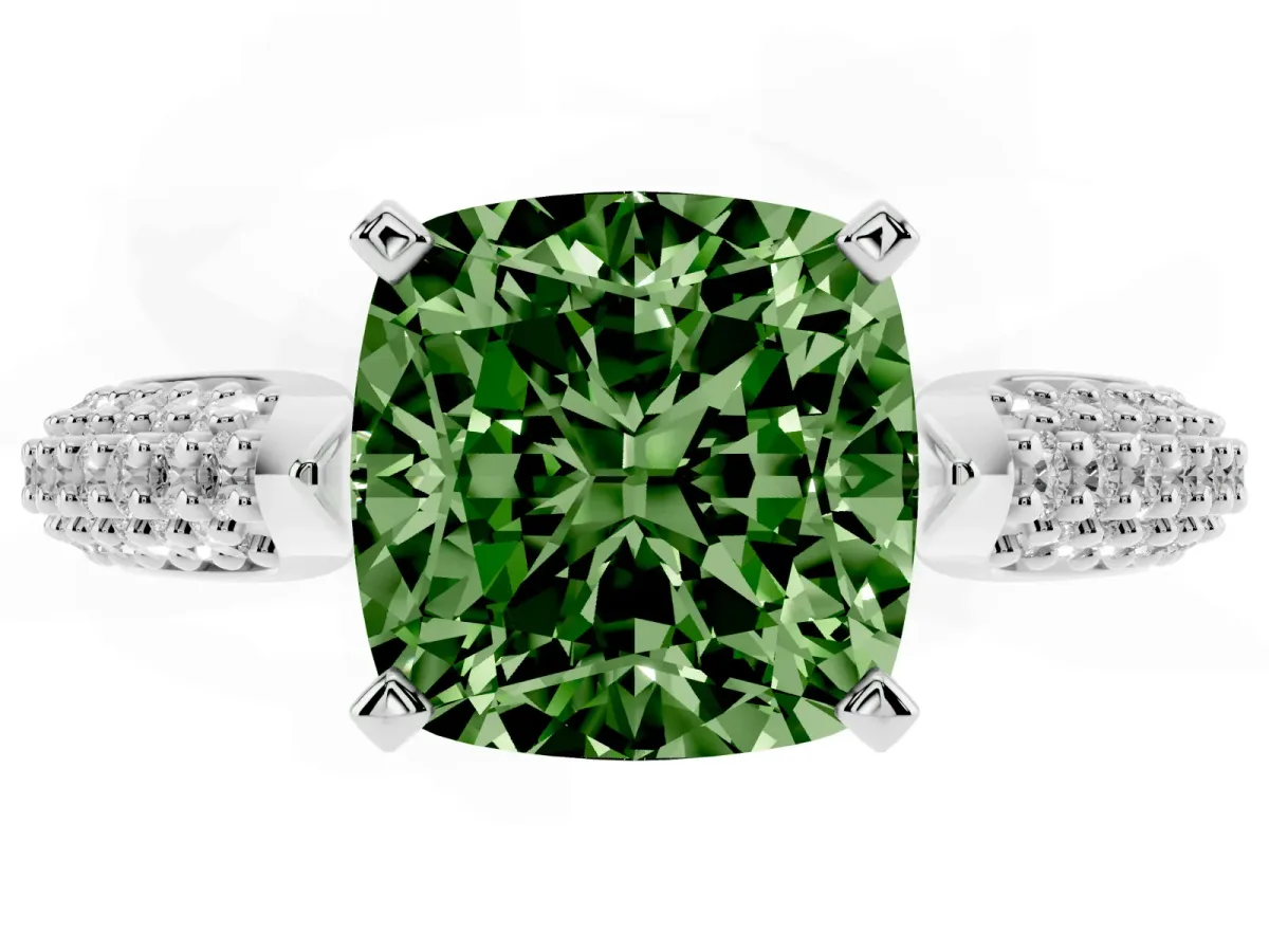 Fancy Green Cushion Cut Diamond Solitaire Engagement Ring with Multi-Row Round Pavé Band and Prong Setting Platinum