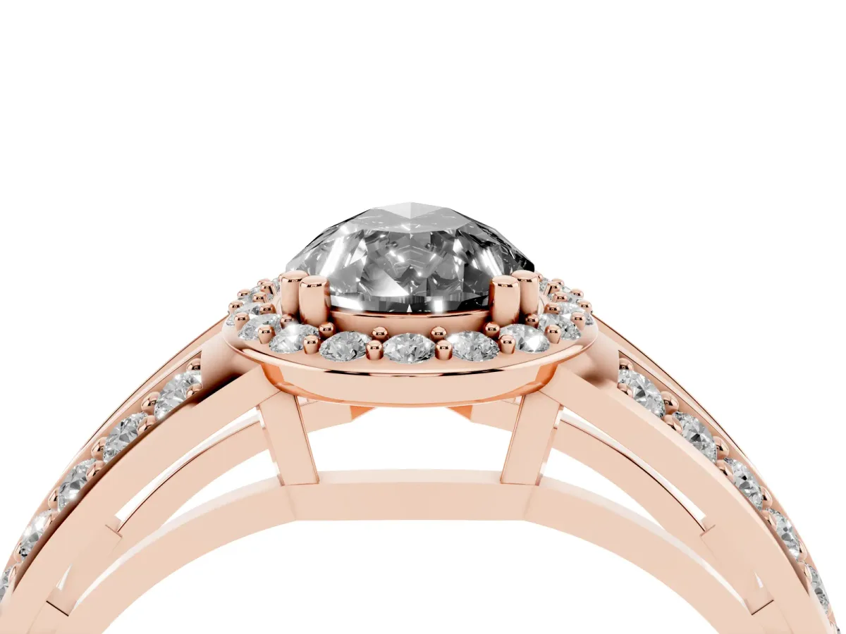 Fancy Black Pear Cut Diamond Halo Ring with Split Shank Pavé Band and Four-Prong Setting Rose gold
