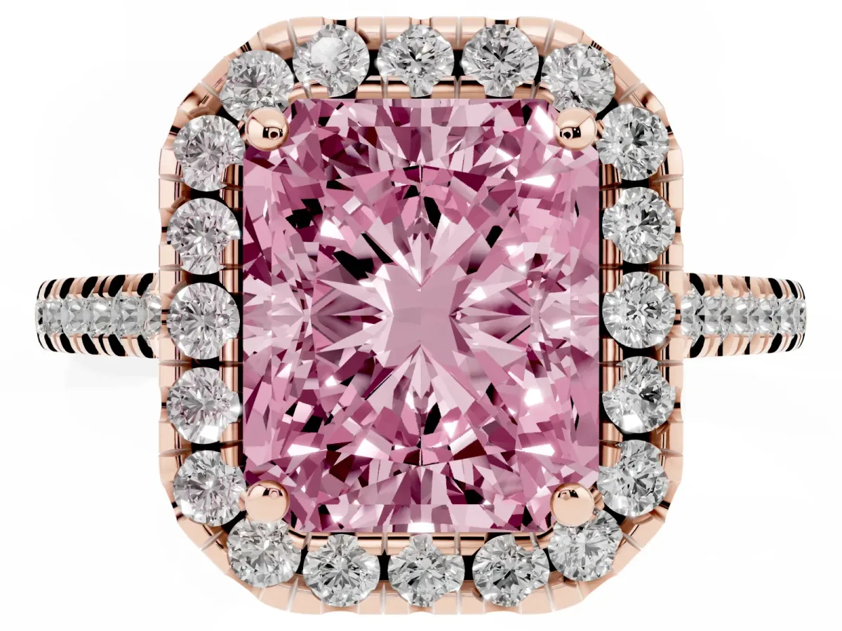 Fancy Pink Radiant Cut Diamond Cushion Halo Ring with Pavé Band Rose gold