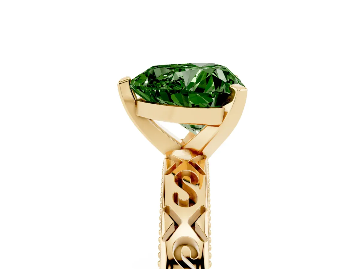 Fancy Green Heart Cut Solitaire Engagement Ring with Scrollwork Band and Four-Prong Setting Yellow gold