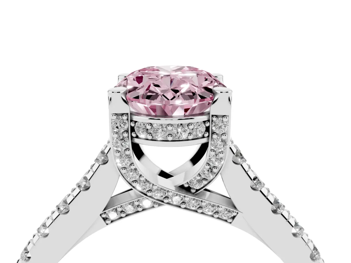 Fancy Pink Oval Cut Brilliant Diamond Solitaire with Pavé Band and Four-Prong Setting Silver