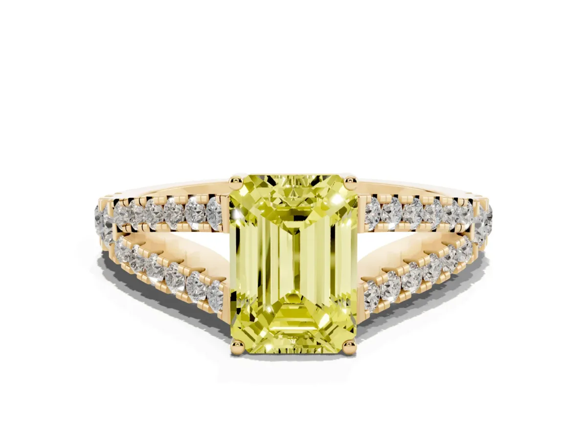 Fancy Yellow Emerald Cut Diamond Split Shank Engagement Ring with Round Pavé and Prong Setting Yellow gold