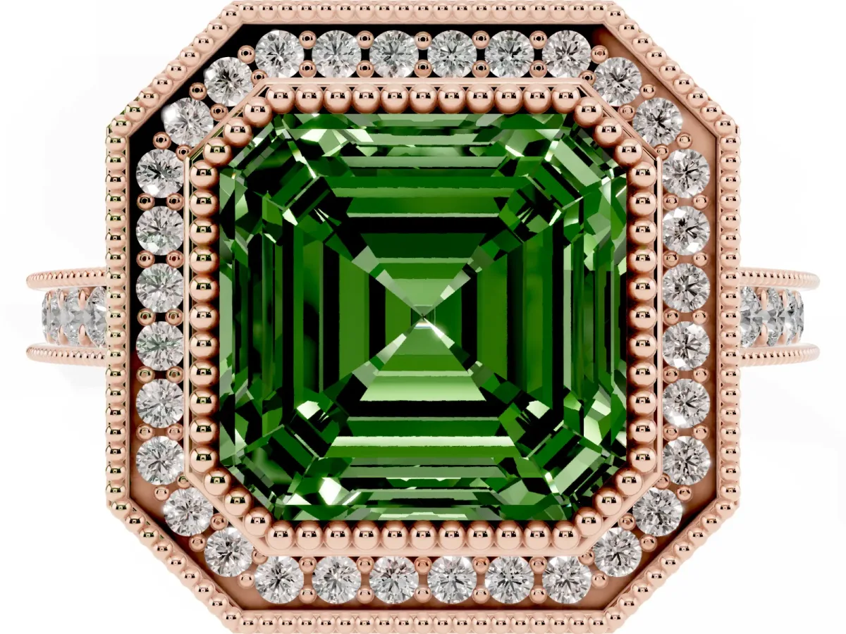 Fancy Green Halo Asscher Cut-Cut Diamond Pave Band Milgrain Prong Setting Ring Rose gold