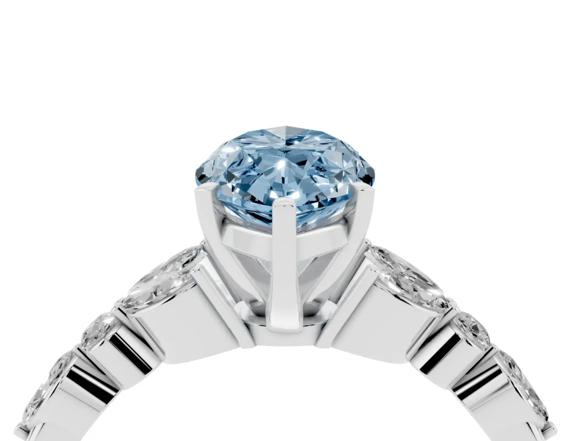 Fancy Blue Marquise Cut Diamond Solitaire Ring with Side Stones and Four-Prong Setting Platinum