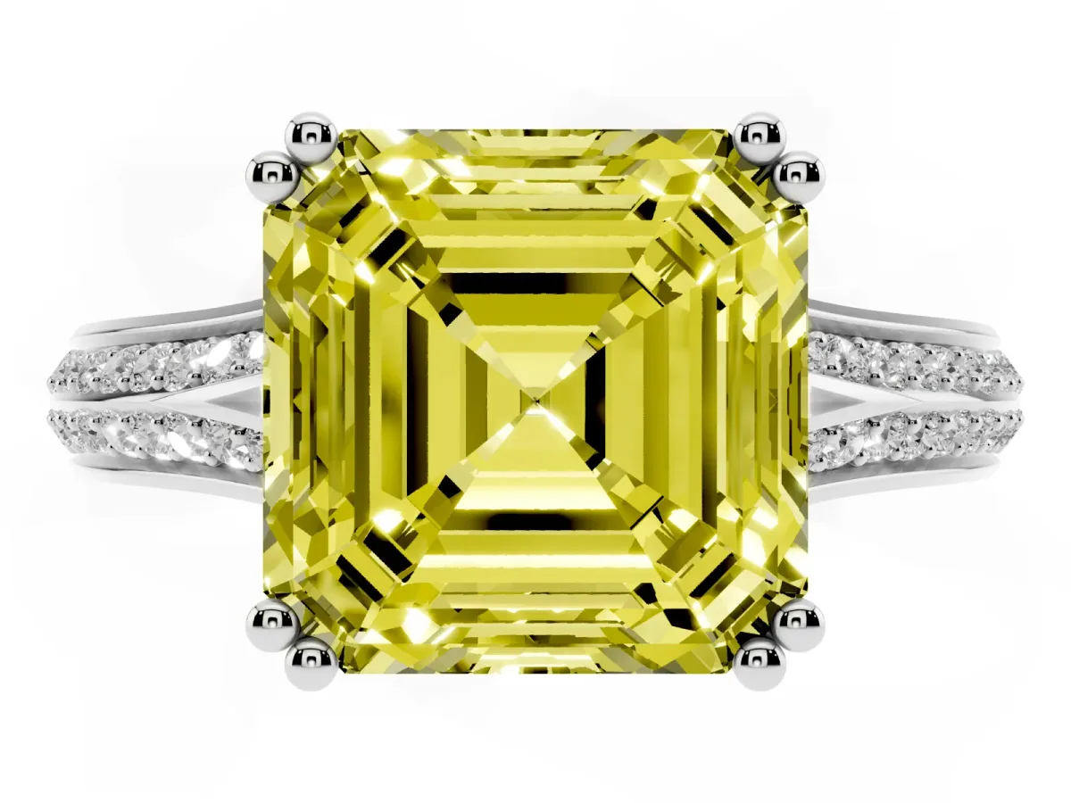 Fancy Yellow Asscher Cut Diamond Split Shank Engagement Ring with Pavé Band Silver