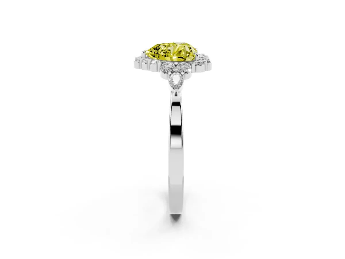 Fancy Yellow Heart Cut Diamond Halo Ring with Pear Side Stones and Prong Setting Silver