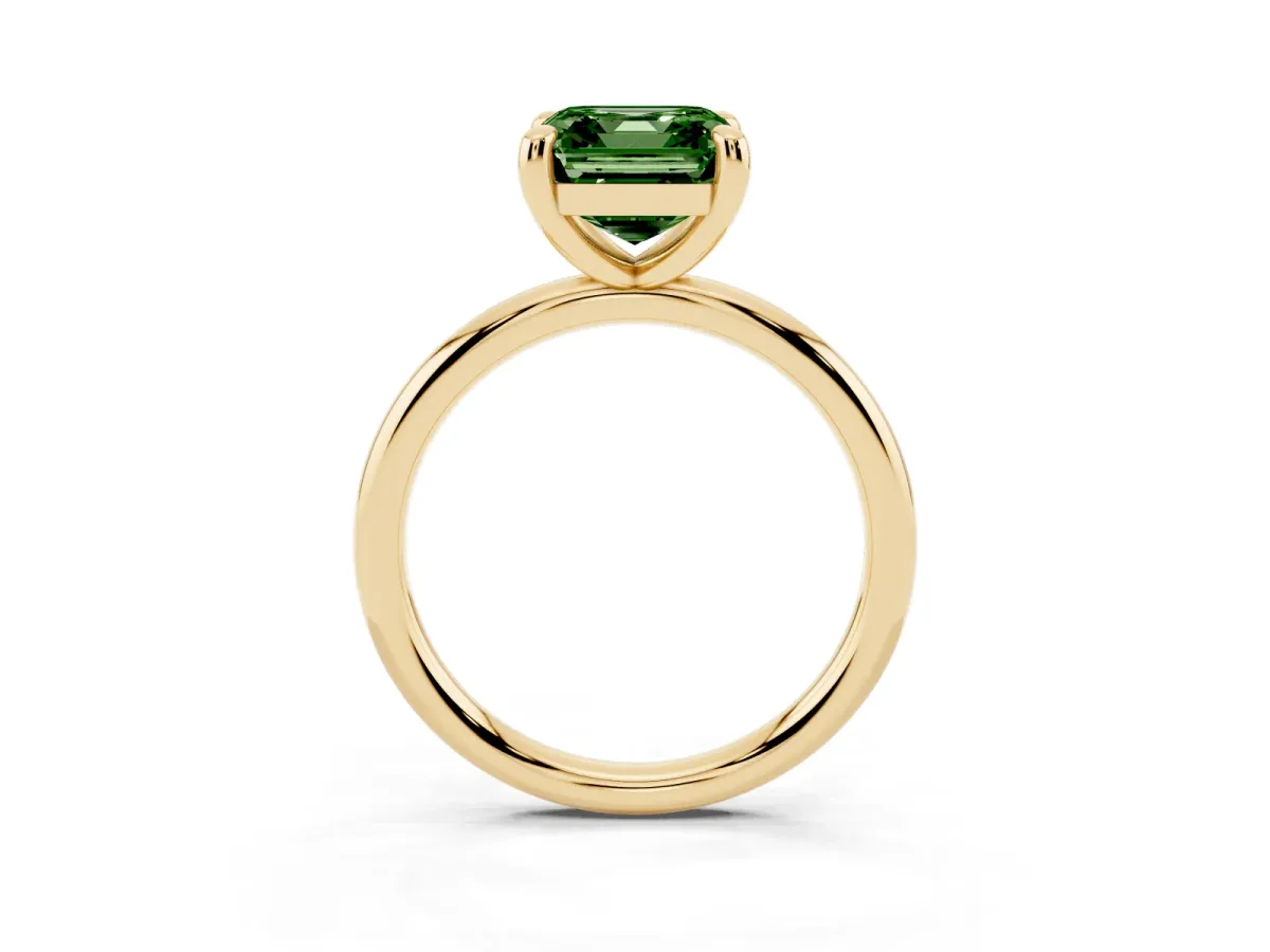 Fancy Green Asscher Cut Solitaire Diamond Ring with Four-Prong Setting on a Plain Band Yellow gold